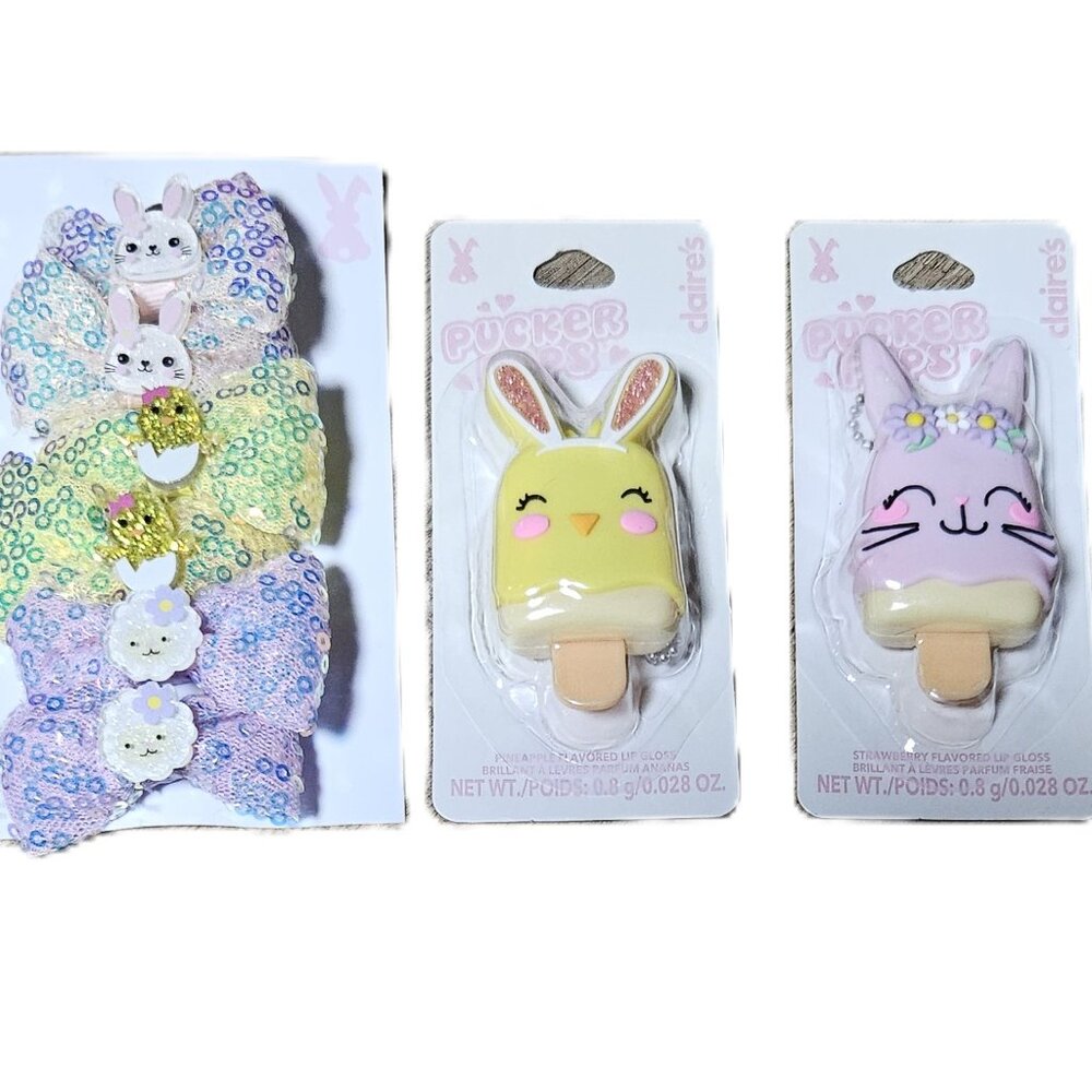Claire's 5 Piece Bundle for Kids - Press On Nails, x3 Lip-gloss, Hairbows